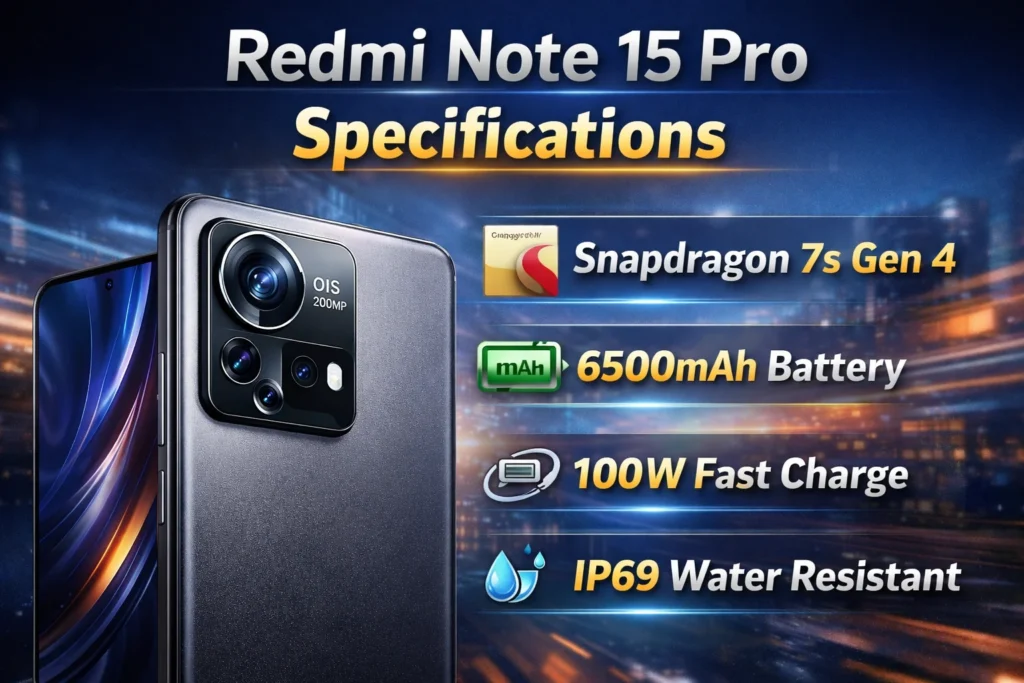 Redmi Note 15 Pro specifications image highlighting processor, battery, fast charging and water resistance