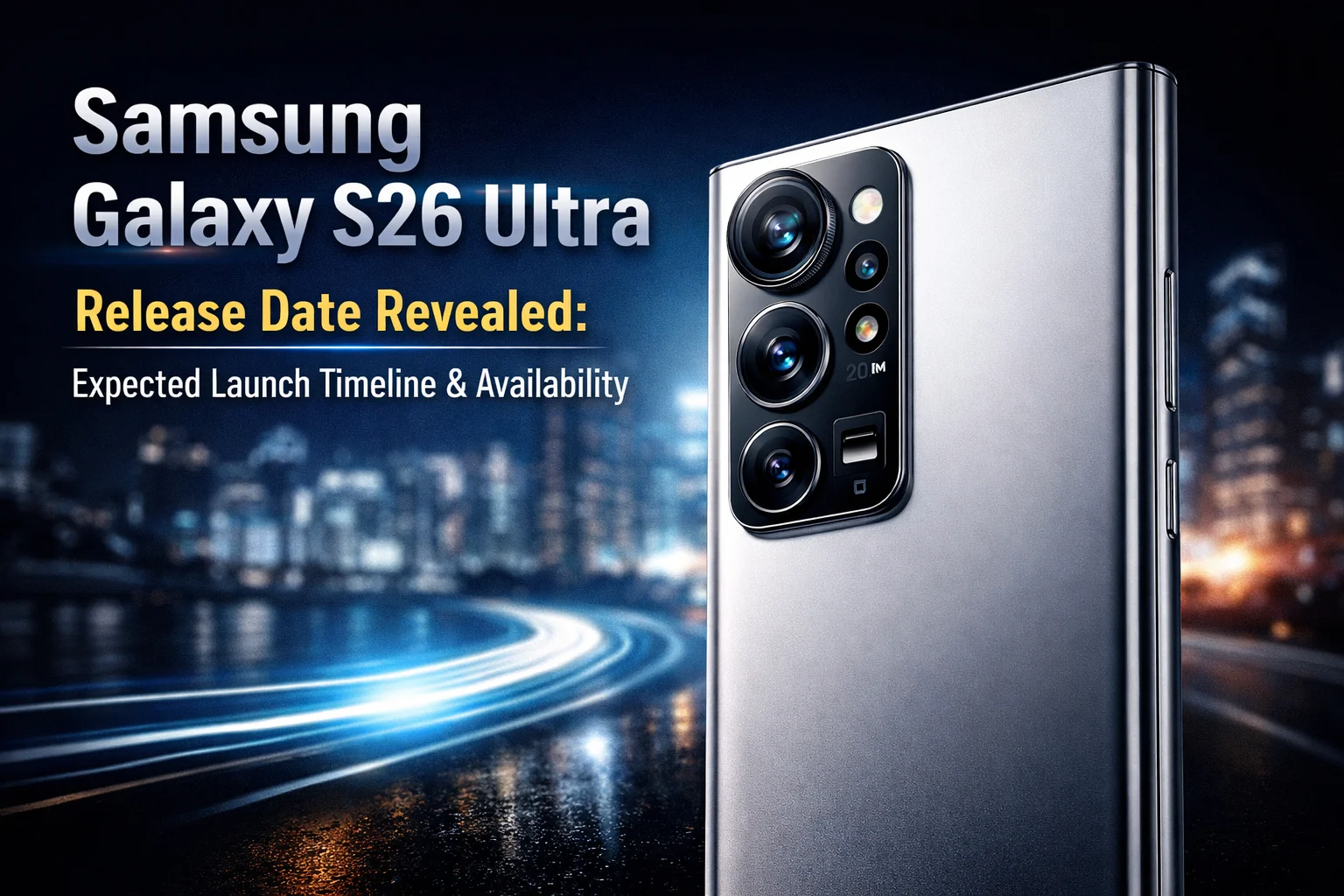 Samsung Galaxy S26 Ultra promotional graphic showing smartphone design with headline about release date and launch timeline