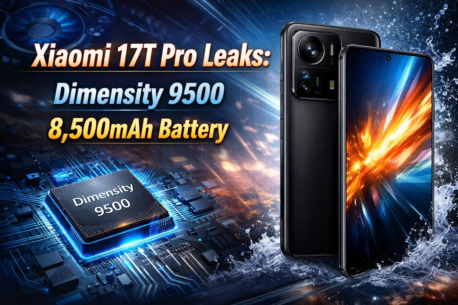 Xiaomi 17T Pro leak promo showing Dimensity 9500 chipset and 8,500mAh battery features
