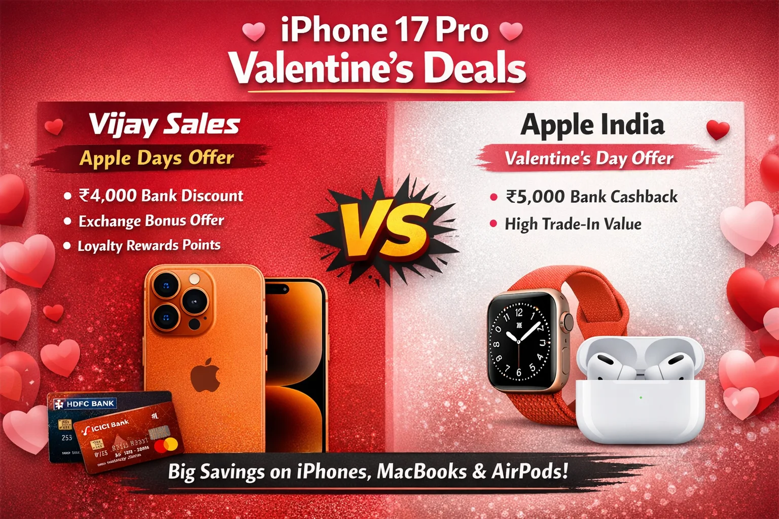 iPhone 17 Pro Valentine’s Day deals comparison between Vijay Sales and Apple India showing bank discounts, cashback, and exchange offers