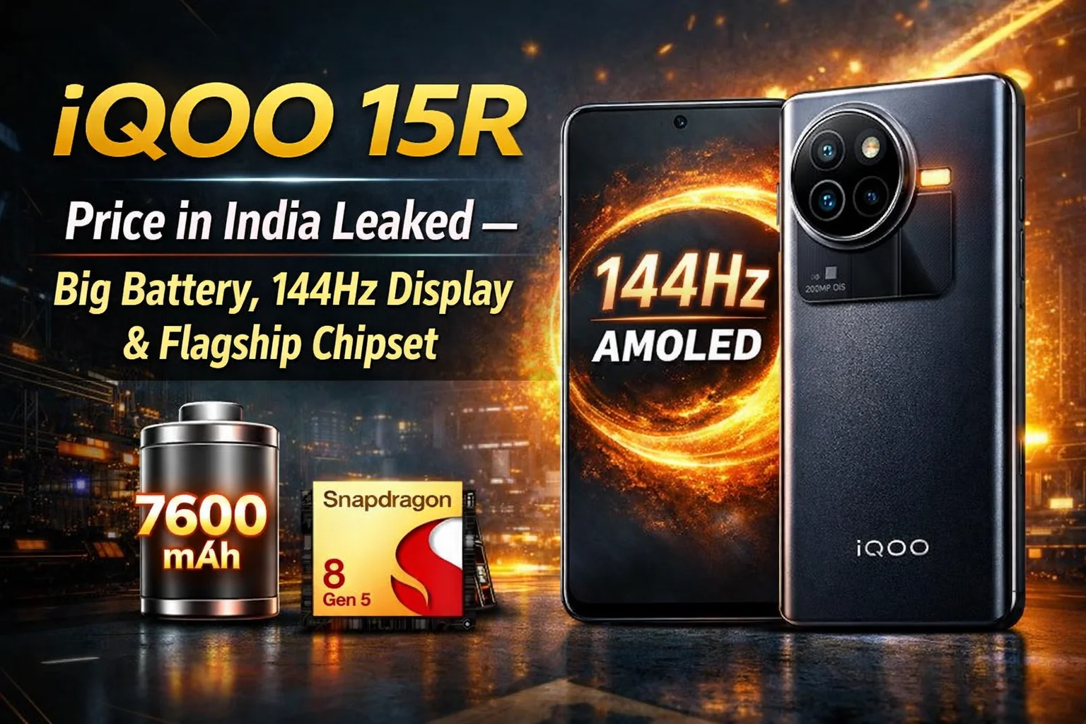 iQOO 15R smartphone with leaked India price details showing 7600mAh battery, 144Hz AMOLED display and flagship Snapdragon chipset