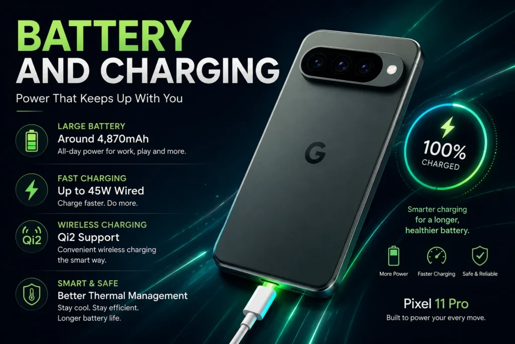 Google Pixel 11 Pro battery and charging with 4870mAh battery, 45W fast charging, Qi2 wireless charging, and better battery performance