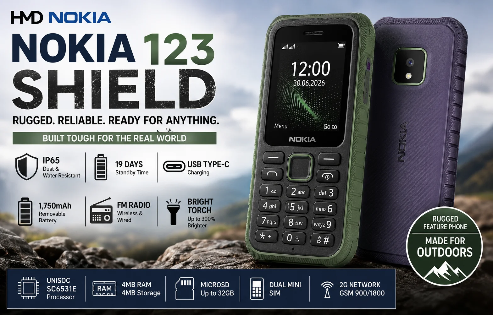 HMD Nokia 123 Shield rugged feature phone in green and purple colors featuring IP65 protection, USB Type-C charging, 1,750mAh removable battery, dual Mini SIM, and up to 19 days of standby battery life.