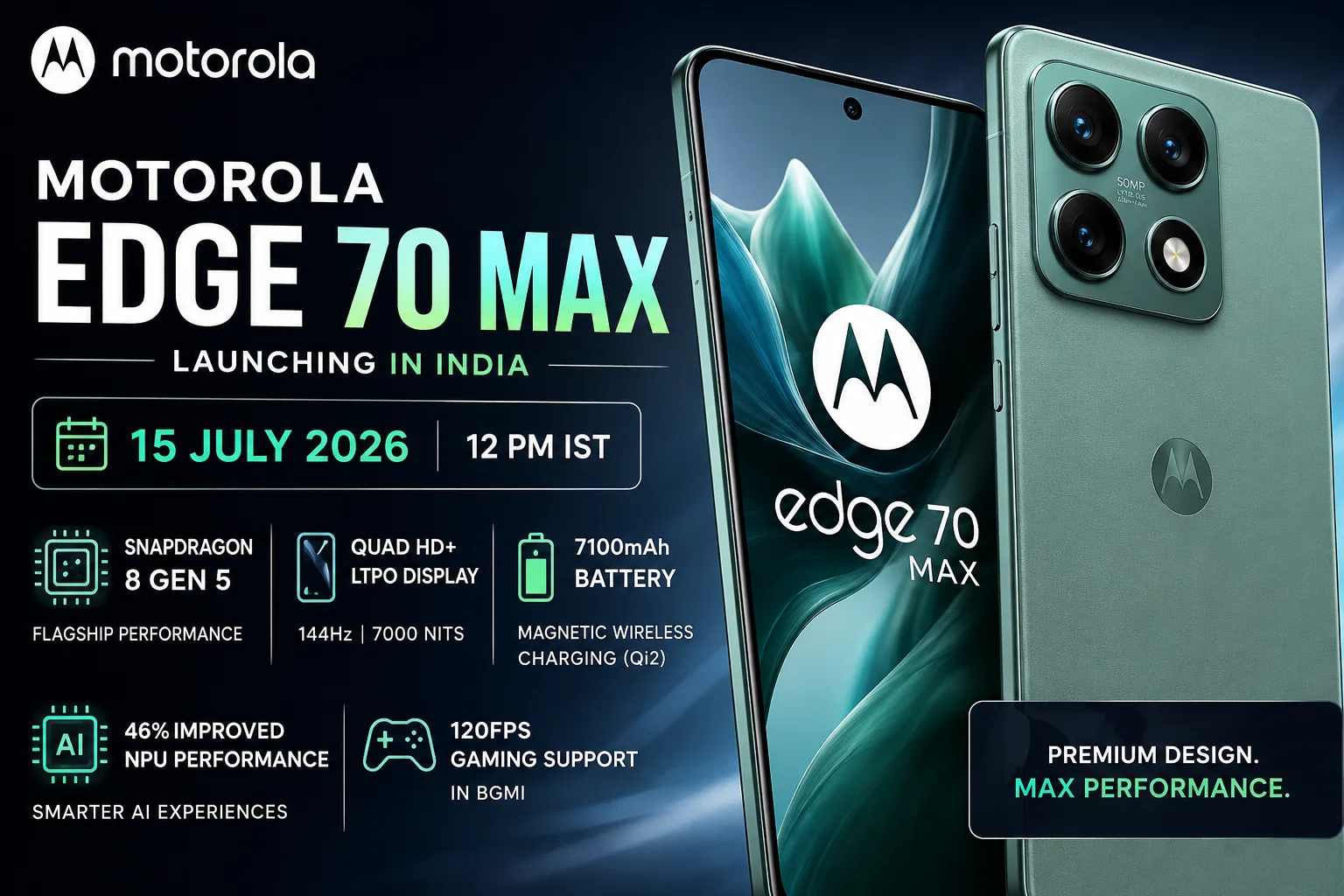 Feature image of the Motorola Edge 70 Max showcasing its premium design, Snapdragon 8 Gen 5 processor, 144Hz Quad HD+ LTPO AMOLED display, 7,100mAh battery, AI features, and India launch date of July 15, 2026.