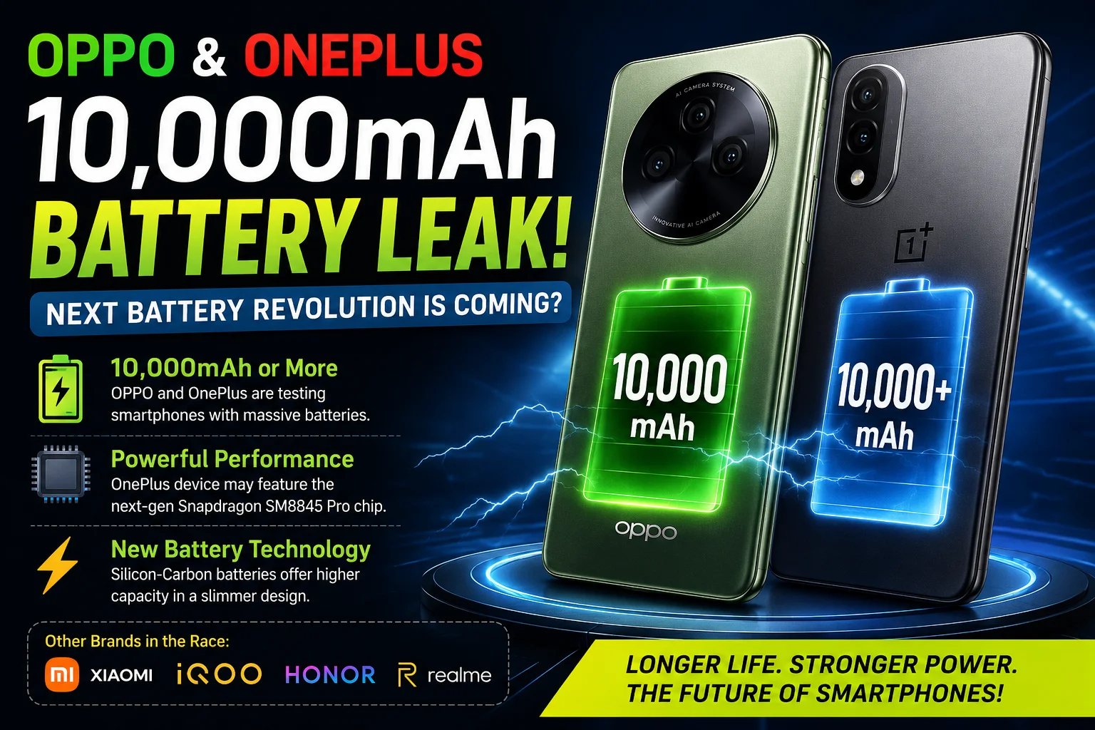 OPPO and OnePlus 10,000mAh battery phone leak showing upcoming smartphones with massive battery capacity and next-generation silicon-carbon battery technology