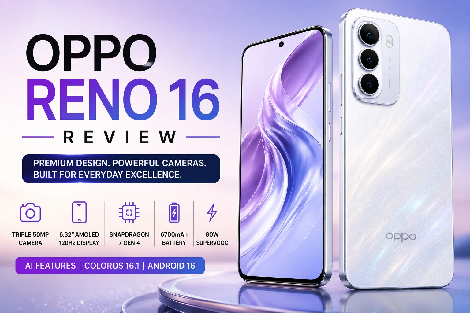 OPPO Reno 16 review feature image showcasing the smartphone's premium design, triple 50MP cameras, Snapdragon 7 Gen 4 processor, 6700mAh battery, and 80W SUPERVOOC fast charging.