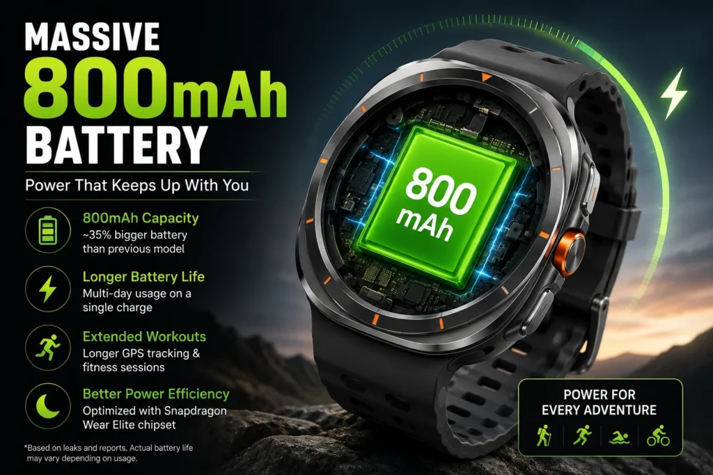 Samsung Galaxy Watch Ultra 2 800mAh battery illustration highlighting the smartwatch's larger battery capacity, extended battery life, Snapdragon Wear Elite chipset, and outdoor fitness performance.