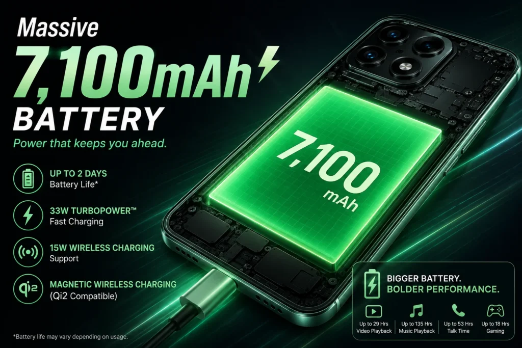 Illustration highlighting the Motorola Edge 70 Max's 7,100mAh battery, magnetic Qi2 wireless charging, fast charging support, and long-lasting battery performance for gaming and daily use.